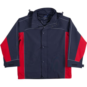 A navy and red 3-in-1 jacket featuring snap buttons and adjustable cuffs, with a logo on the chest.