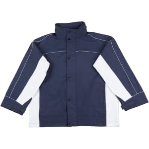Navy and white men's 3-in-1 jacket featuring a high collar and buttons, with a branded logo.