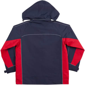 A navy and red men's 3-in-1 jacket with a hood, featuring a logo and contrast stitching.