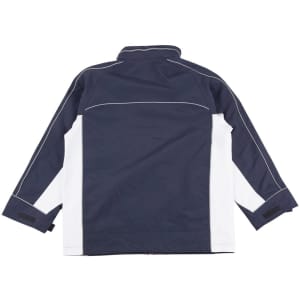 A 3-in-1 men's jacket in navy and white, featuring a back view with a logo and contrasting panels.