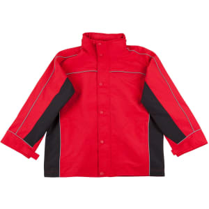 A red and black 3-in-1 jacket featuring a high collar and reflective piping, with a logo on the front.