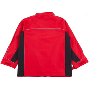 A red and black men's jacket featuring a collar and contrasting panels, with a logo on it.