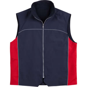A navy and red men's 3-in-1 jacket featuring a zip front and sleeveless design. It has a logo on the chest.