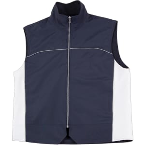 A navy and white men's 3-in-1 jacket featuring a zip front and raised collar. It has a logo on the front.