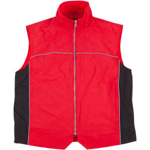 A red and black men's 3-in-1 jacket featuring a zip front and reflective detailing. Includes a logo.