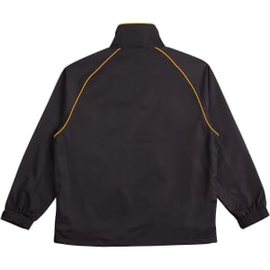 A black track jacket featuring yellow piping along the seams and elasticated cuffs. It has a branded logo.