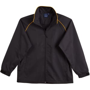 A black track jacket featuring yellow accents and a zip front. It has long sleeves and side pockets.