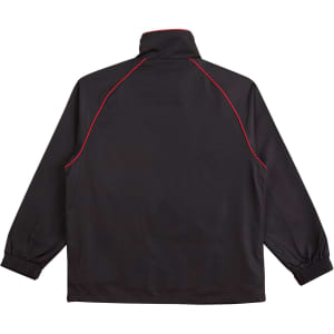 A black track jacket for kids featuring red piping and elasticated cuffs. The jacket has a high collar and a logo.