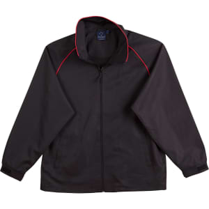 A black track jacket with red accents and a zip closure, featuring a collar and long sleeves. It has a logo.