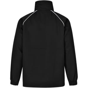 A black kids' track top with a high collar and white piping details on the shoulders. Features a logo.