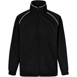 A black track jacket featuring a high collar and white accent detailing, with visible branding.