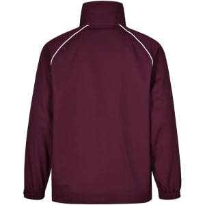 A maroon kids' track top jacket with white piping, featuring a high collar and elasticated cuffs.