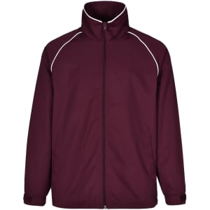 A maroon track jacket with white piping and a high collar. Features a front zipper and long sleeves.