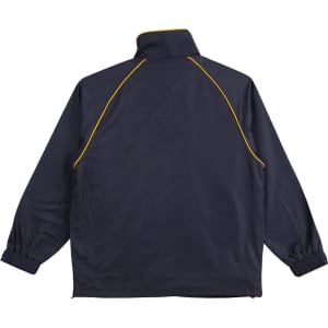A navy kids' track top with yellow piping, featuring a high collar and elastic cuffs. It has a logo on the back.