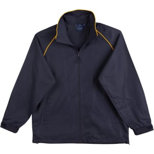 A black track jacket with yellow detailing and a collar, featuring a logo on the front.