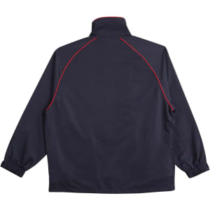 A navy track jacket featuring red piping along the seams and a high collar. It has a logo on the back.