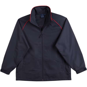 A dark navy track jacket with red accents and a zip closure. It has a high collar and elastic cuffs.