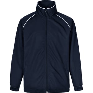 A navy track jacket featuring a high collar and white piping details, with front pockets and a branded logo.