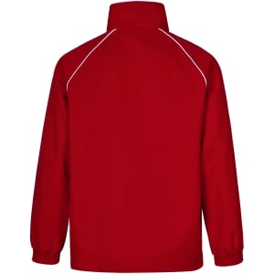A red kids' track top featuring a high collar and white detailing on the shoulders. It has a simple design without visible logos.