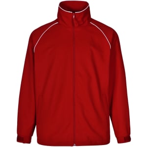 A red track jacket with white piping, featuring a high collar and side pockets. It has a logo on the front.