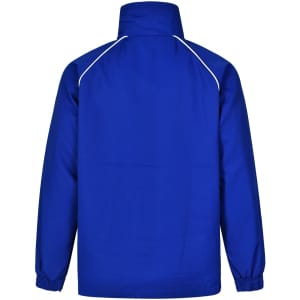 A blue adult track top jacket featuring a high collar and white piping details, with a logo on the design.