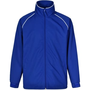 A blue track jacket with white accents and a high collar. It features a zip front and has a logo.