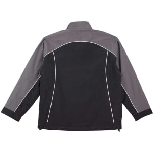 A reversible jacket featuring a black and grey design with contrasting white piping and a logo.