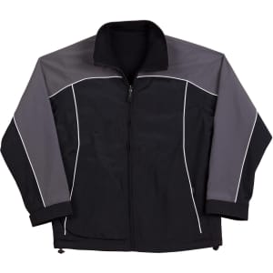 A black and grey reversible jacket with white contrast stitching and a zip closure. It features a logo on the chest.