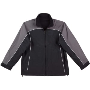 A reversible jacket in black and grey with contrasting design elements and a logo on the left side.
