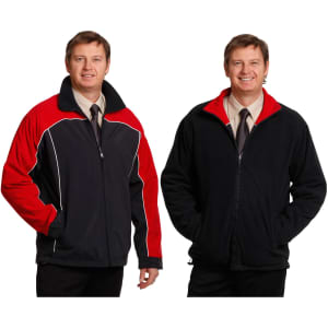 A reversible jacket featuring a black side with red accents and a fully black side. Includes a logo.