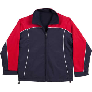 A reversible jacket in navy with red accents and white piping, featuring a zippered front and a collar.
