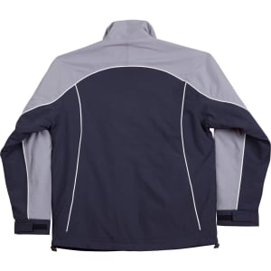A reversible jacket featuring contrast navy and grey colours with white stitching and a high collar. It has a logo on it.