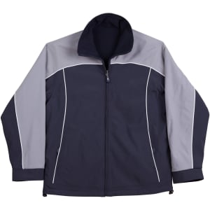 A navy and grey reversible jacket with contrasting panels and a high collar, featuring a logo.