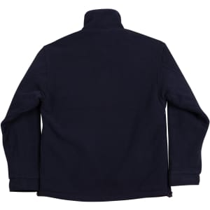 A navy blue reversible jacket with a high collar, featuring long sleeves and a simple design. It has a logo.
