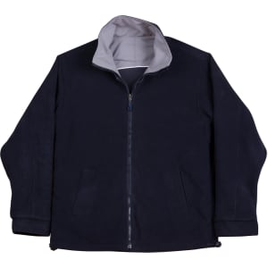 A reversible jacket featuring a tri-colour design, primarily in navy with a grey interior and side pockets.