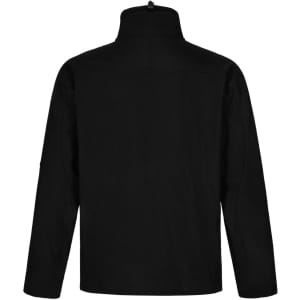 A black men's softshell high-tech jacket featuring a stand-up collar and a logo. The back is smooth with no visible pockets.