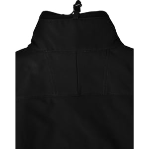 A black men's softshell high-tech jacket with a high collar and adjustable toggle at the back. It has a logo.