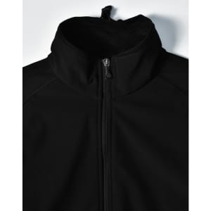 A black men's softshell high-tech jacket with a high collar and zip fastening, featuring a logo.
