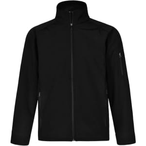 A black men's softshell high-tech jacket with a zip front and a side zip pocket, featuring a logo on the sleeve.