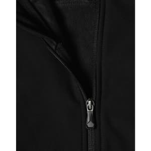 A black softshell high-tech jacket featuring a zippered front and a textured interior lining.