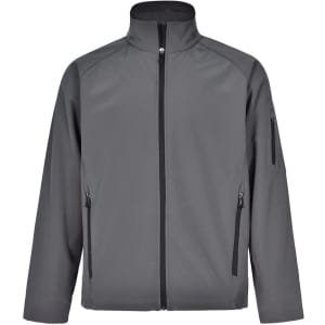 A grey men's softshell high-tech jacket featuring a zip front and two side pockets, with an additional pocket on the arm.