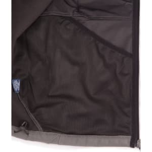 An inside view of a men's softshell high-tech jacket featuring a mesh pocket, predominantly grey in colour.