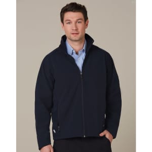 A navy high-tech softshell jacket with a zip front, featuring a collar and side pockets, worn by a model.