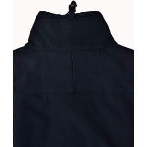 A black men's softshell high-tech jacket featuring a high collar and back detailing, with a logo present.