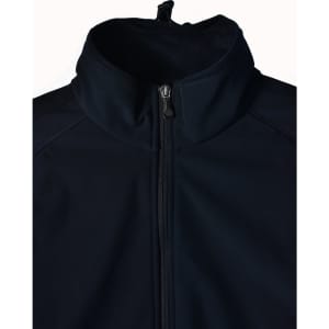 A high-tech men's softshell jacket in black with a zip closure and high collar, featuring a logo.