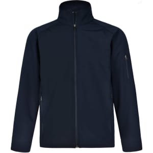 A navy blue men's softshell high-tech jacket featuring a zip front and multiple pockets, including a zippered arm pocket.