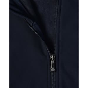 A navy softshell high-tech jacket featuring a zippered front and a fleece lining. The jacket includes a logo.