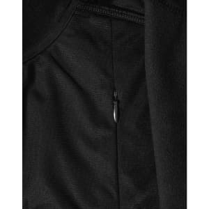A black softshell jacket featuring a zipped pocket detail and a logo.