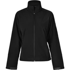 A black softshell jacket featuring a high neck, zip closure, and pockets, with a logo on the sleeve.