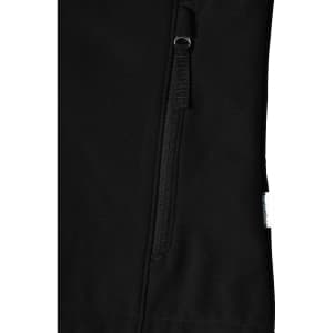 A black softshell hi-tech jacket featuring a zippered pocket and a logo.